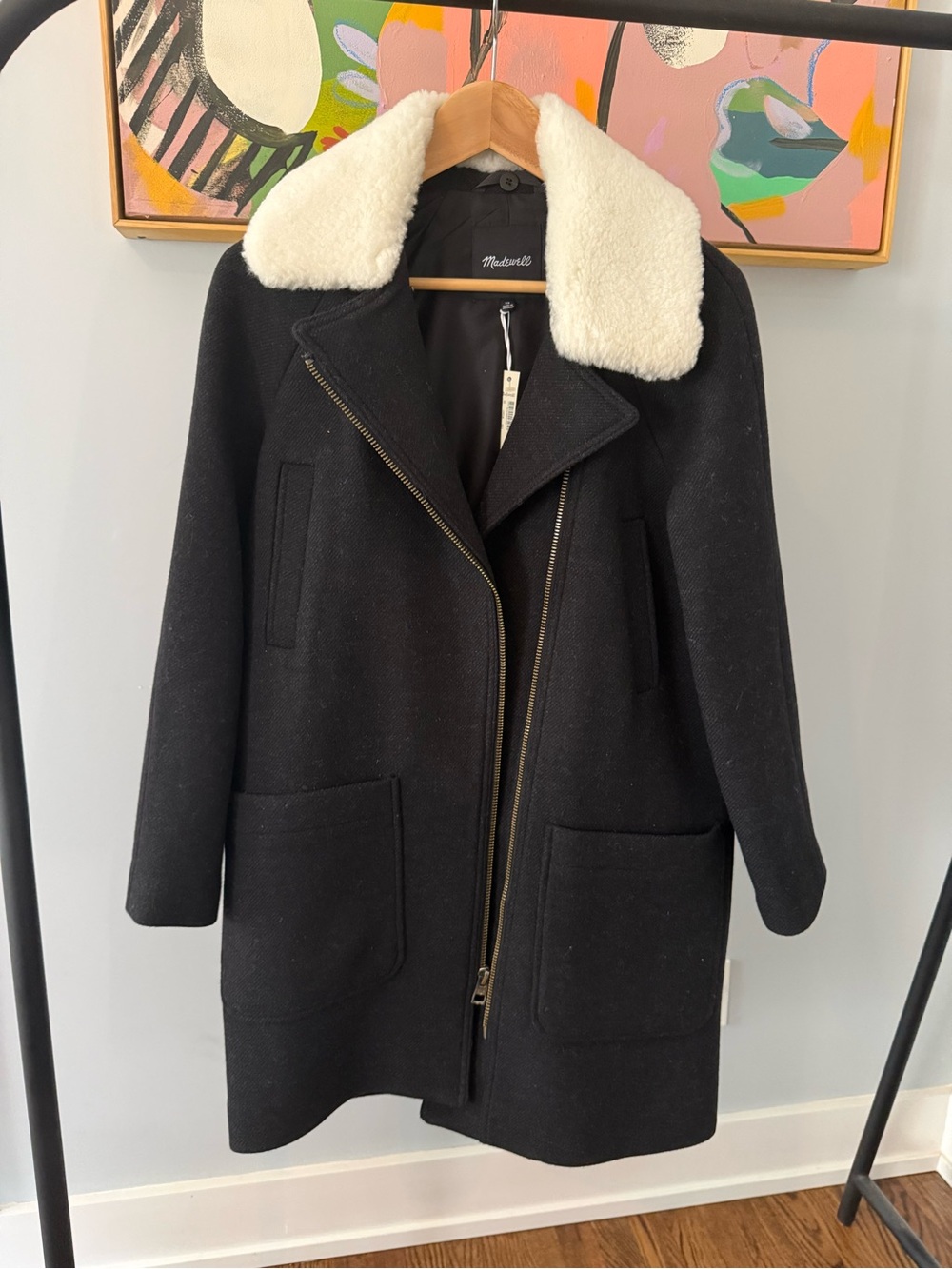 NWT Madewell Black Coat with Cream Sherpa Collar